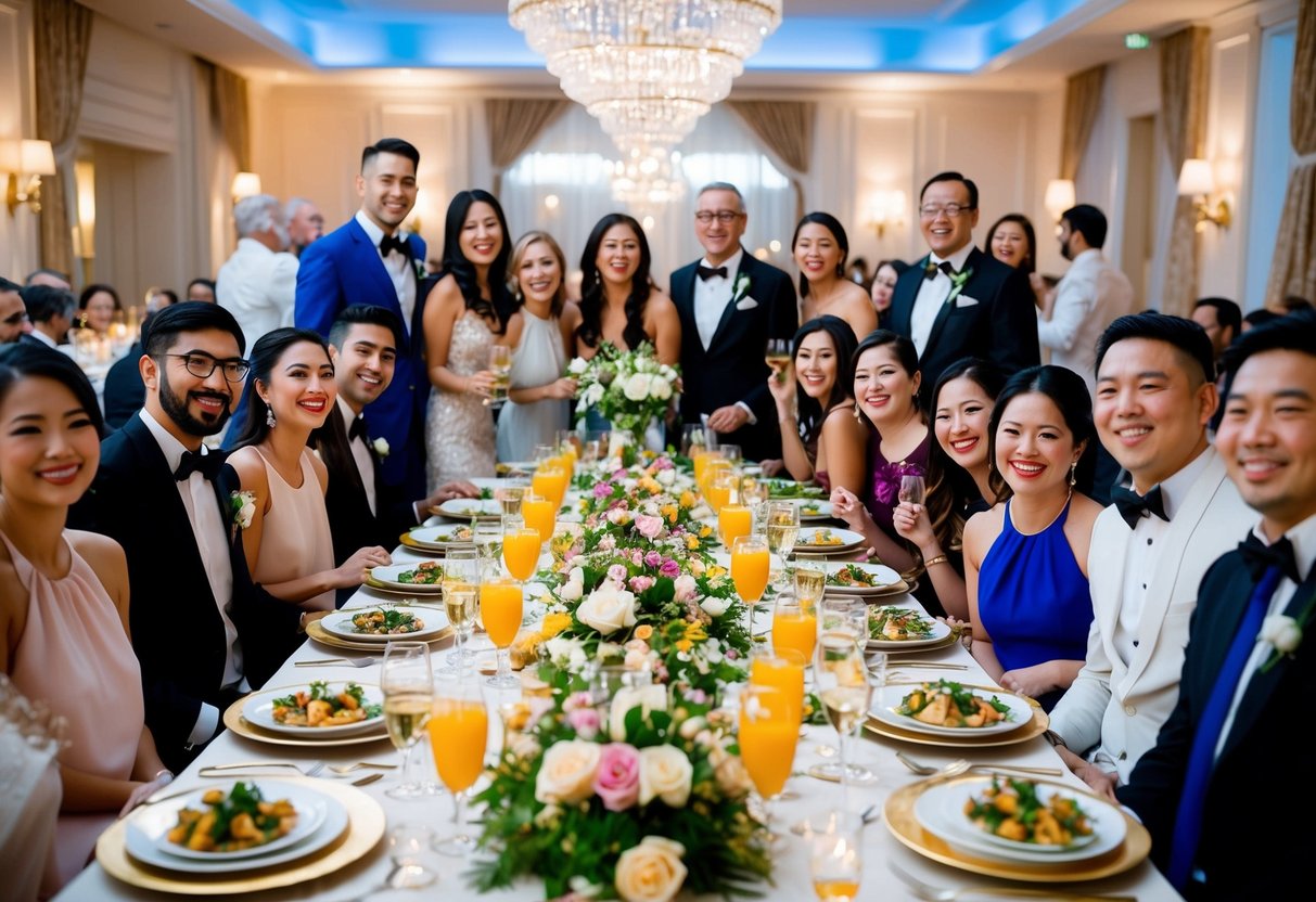 A beautifully decorated table with a lavish spread of food and drink, surrounded by joyful guests in elegant attire