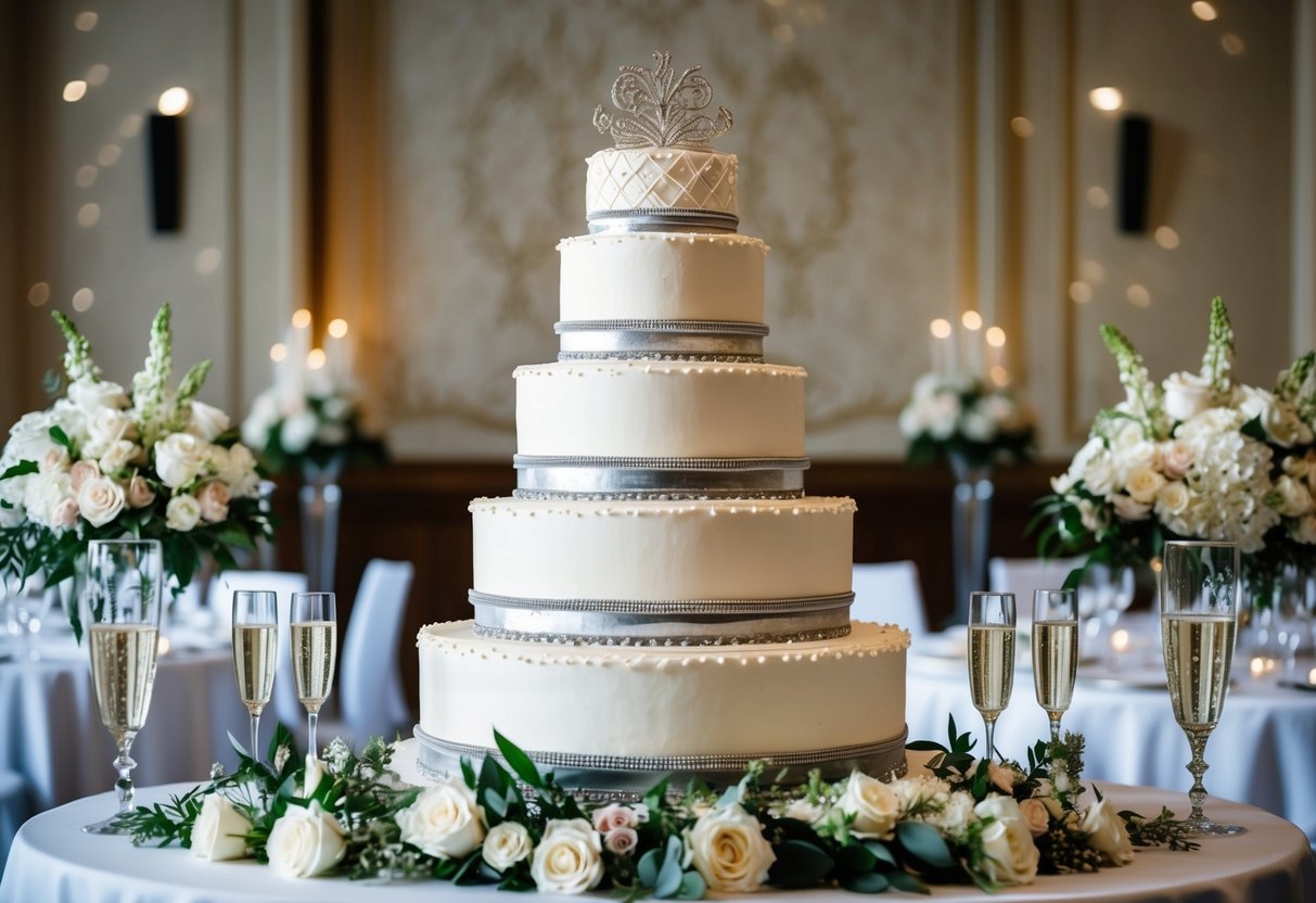 A towering, multi-tiered wedding cake with intricate decorations, surrounded by elegant floral arrangements and sparkling champagne glasses