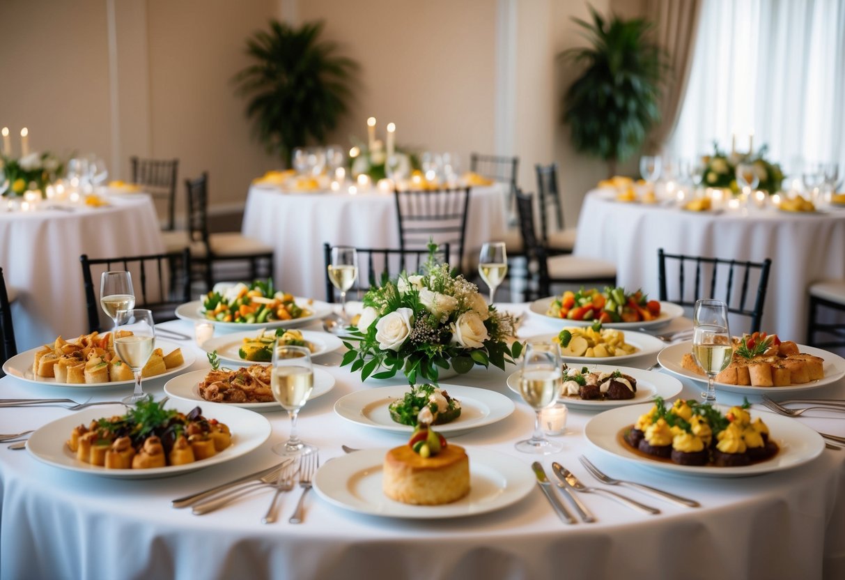 A table set with a variety of traditional wedding dishes, including appetizers, main courses, and desserts, all elegantly arranged and ready to be served
