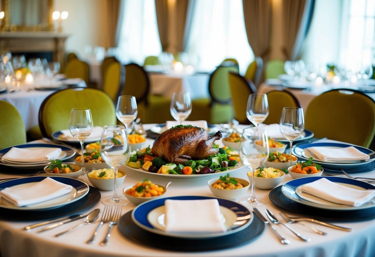 A beautifully set table with an array of elegant dishes, including a main course centerpiece surrounded by colorful sides and garnishes