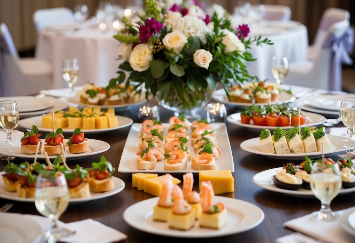 A table adorned with assorted appetizers, including bruschetta, shrimp cocktail, and cheese platters, surrounded by elegant place settings and floral centerpieces