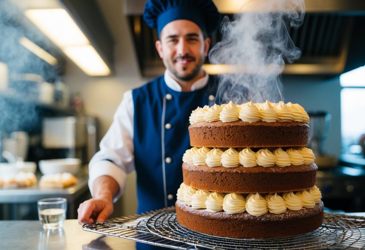 A baker pulls a freshly baked wedding cake out of the oven, steam rising from the golden layers as they cool on a wire rack