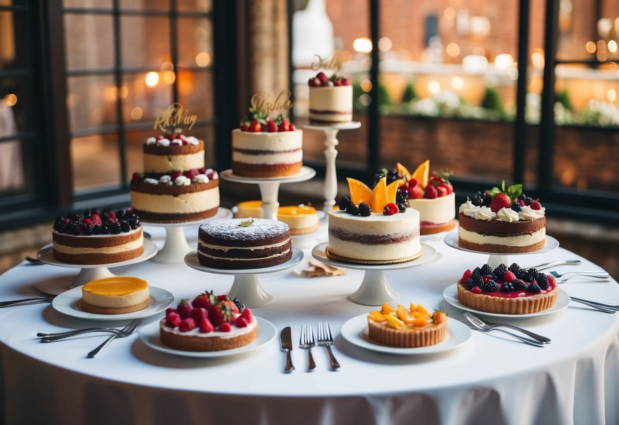 A table adorned with an array of delectable desserts, including cakes, pastries, and fruit tarts, all beautifully presented for a traditional wedding menu