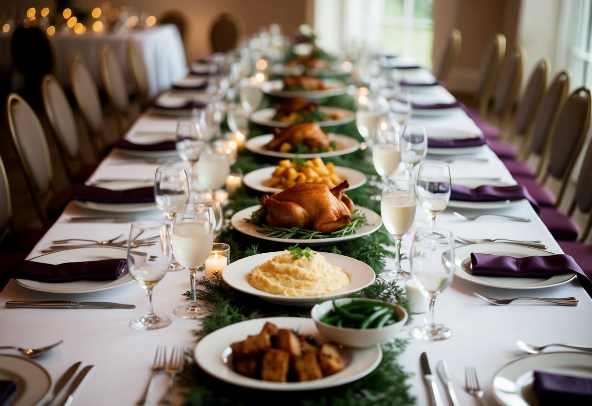 A long banquet table set with elegant place settings and traditional wedding menu items like roast chicken, mashed potatoes, and green beans