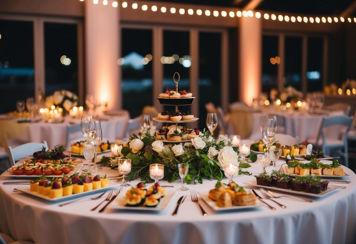 An elegant table set with a variety of appetizers, entrees, and desserts under soft lighting at an evening wedding reception