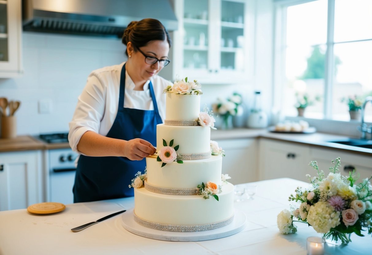 A baker carefully decorates a multi-tiered wedding cake with delicate flowers and intricate designs in a bright, spacious kitchen