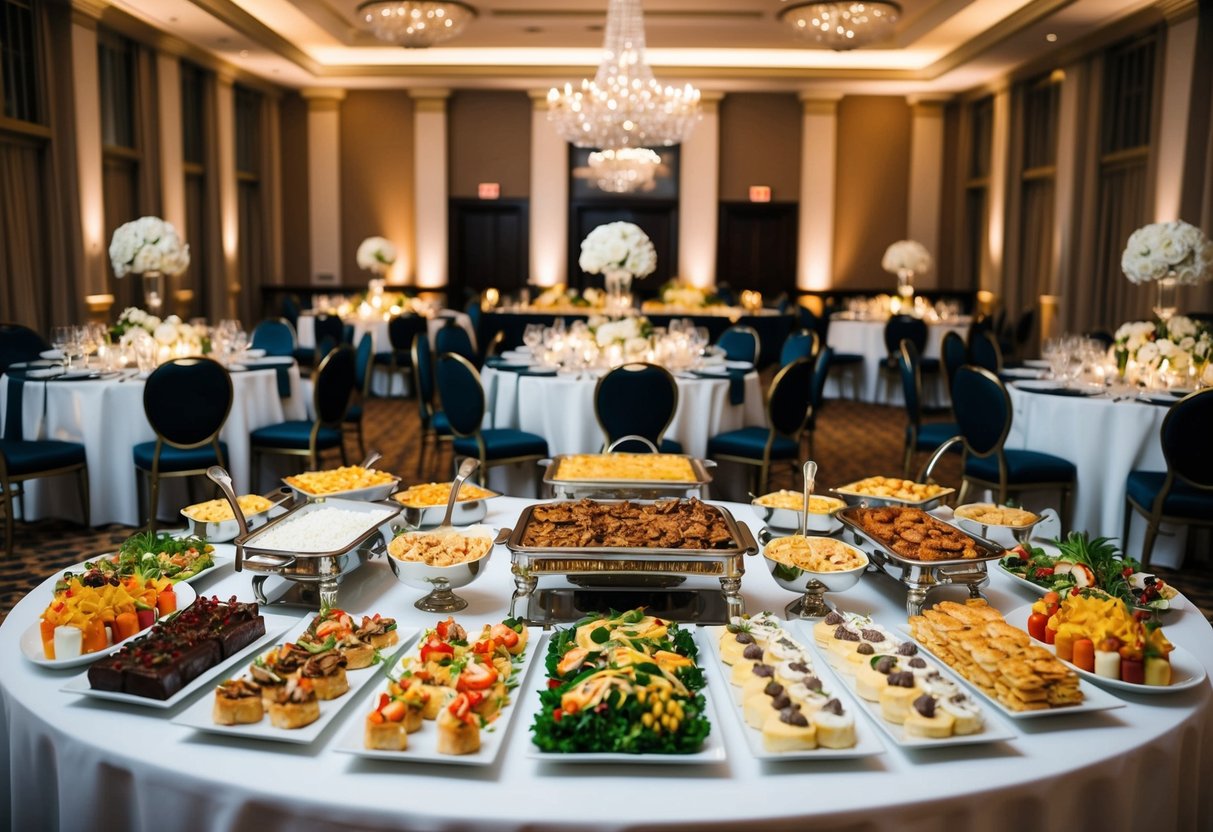 A beautifully decorated banquet hall with elegant place settings and a lavish buffet spread of various appetizers, entrees, and desserts for an evening wedding reception