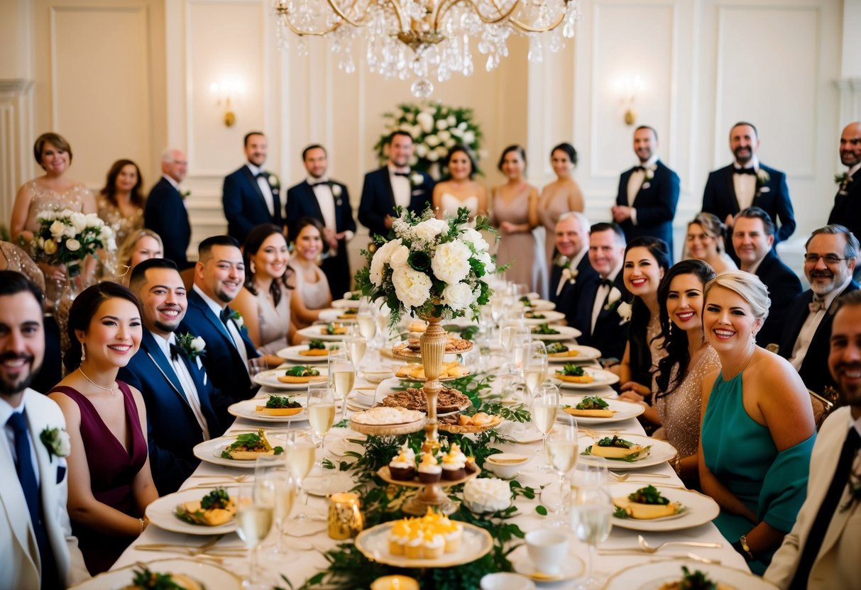 A lavish banquet table at a wedding, adorned with elegant dishes and decadent desserts, surrounded by joyful guests