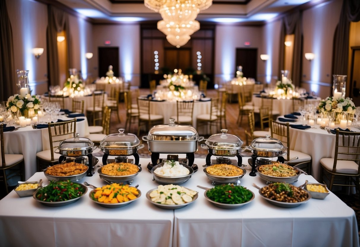 A beautifully decorated banquet hall with tables adorned with elegant place settings and a lavish buffet spread of delectable dishes for an evening wedding reception