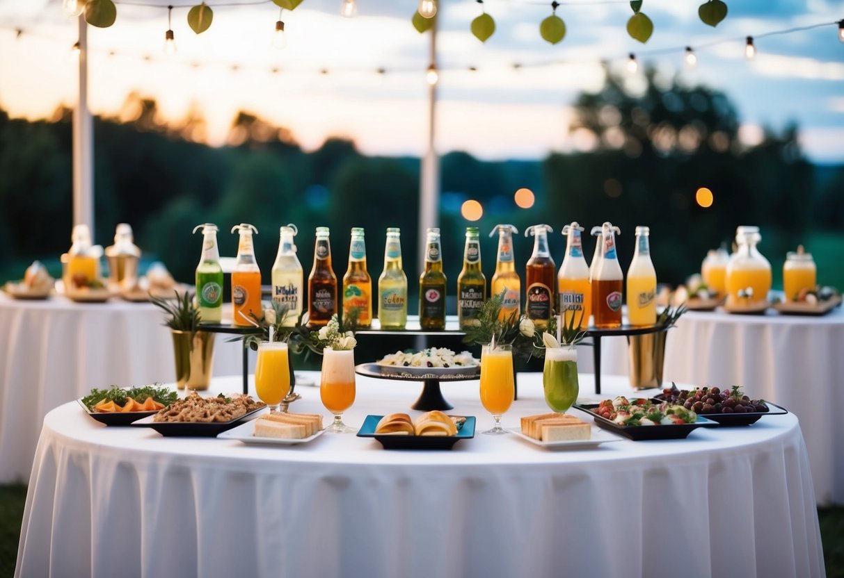 A table with an assortment of beverages and special food stations, elegantly arranged for an evening wedding reception