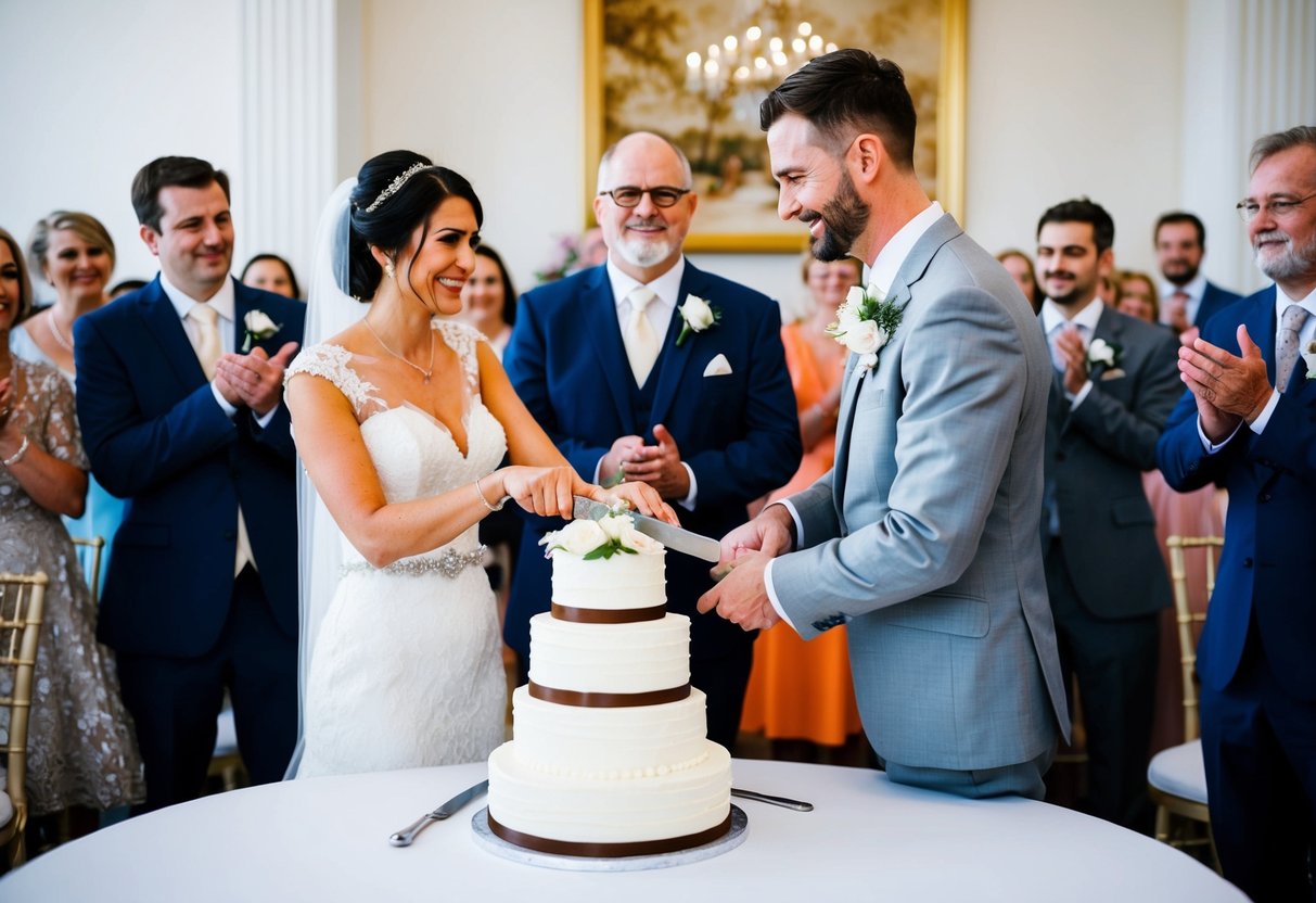 A bride and groom stand side by side, holding a knife together to cut a three-tiered wedding cake. Guests watch and applaud
