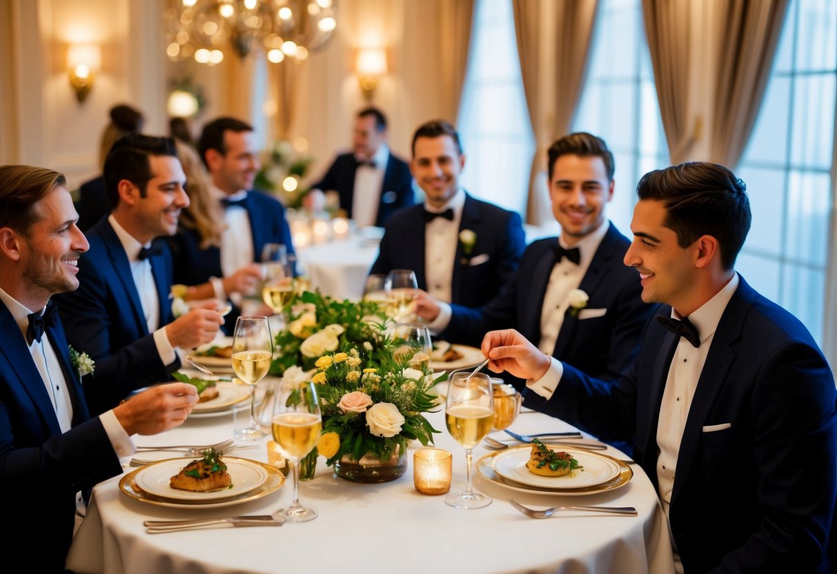 Guests seated at elegantly decorated tables, enjoying a delicious meal with smiles on their faces. Servers attend to their needs, ensuring comfort and satisfaction