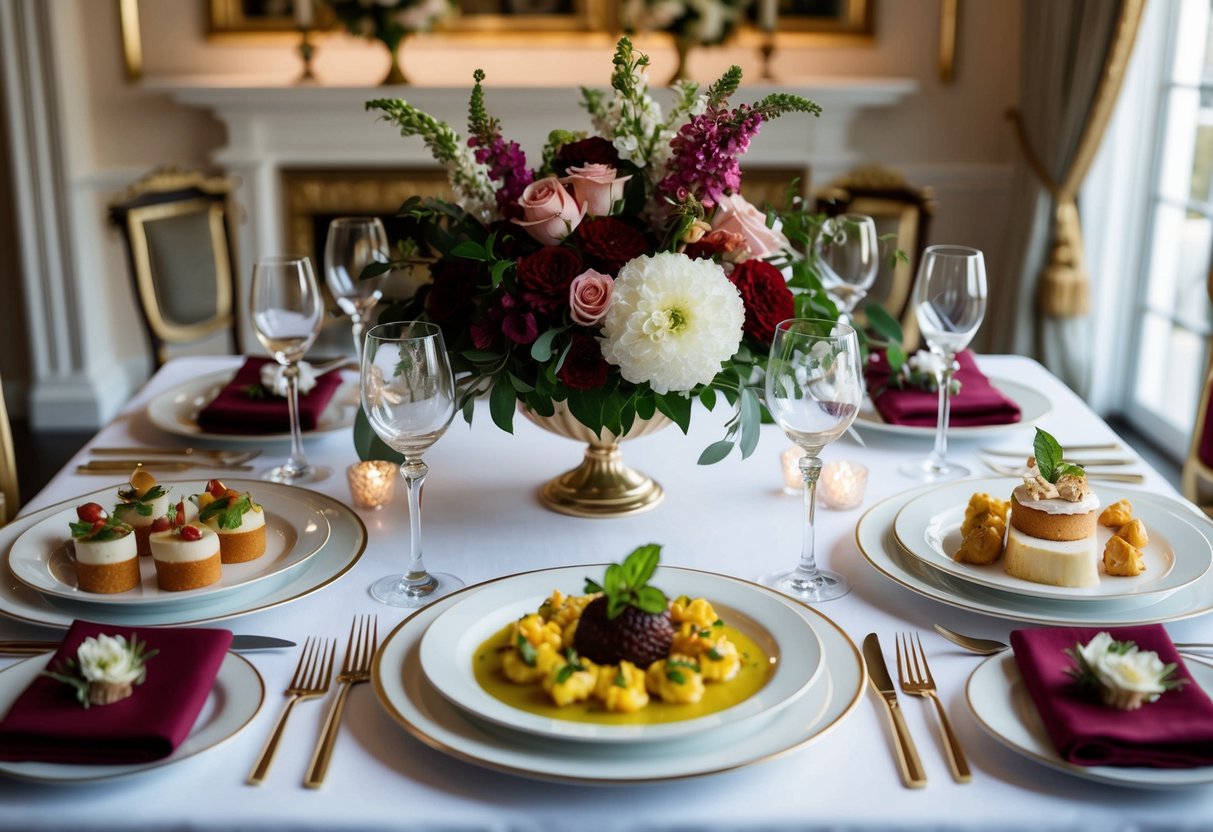 A beautifully set table with three courses of food, including appetizers, main course, and dessert, surrounded by elegant decor and floral arrangements