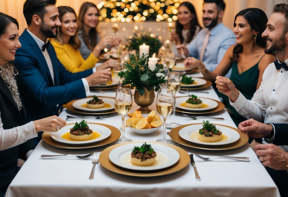A beautifully set table with three elegant courses served in a timely manner, surrounded by happy guests and a festive atmosphere