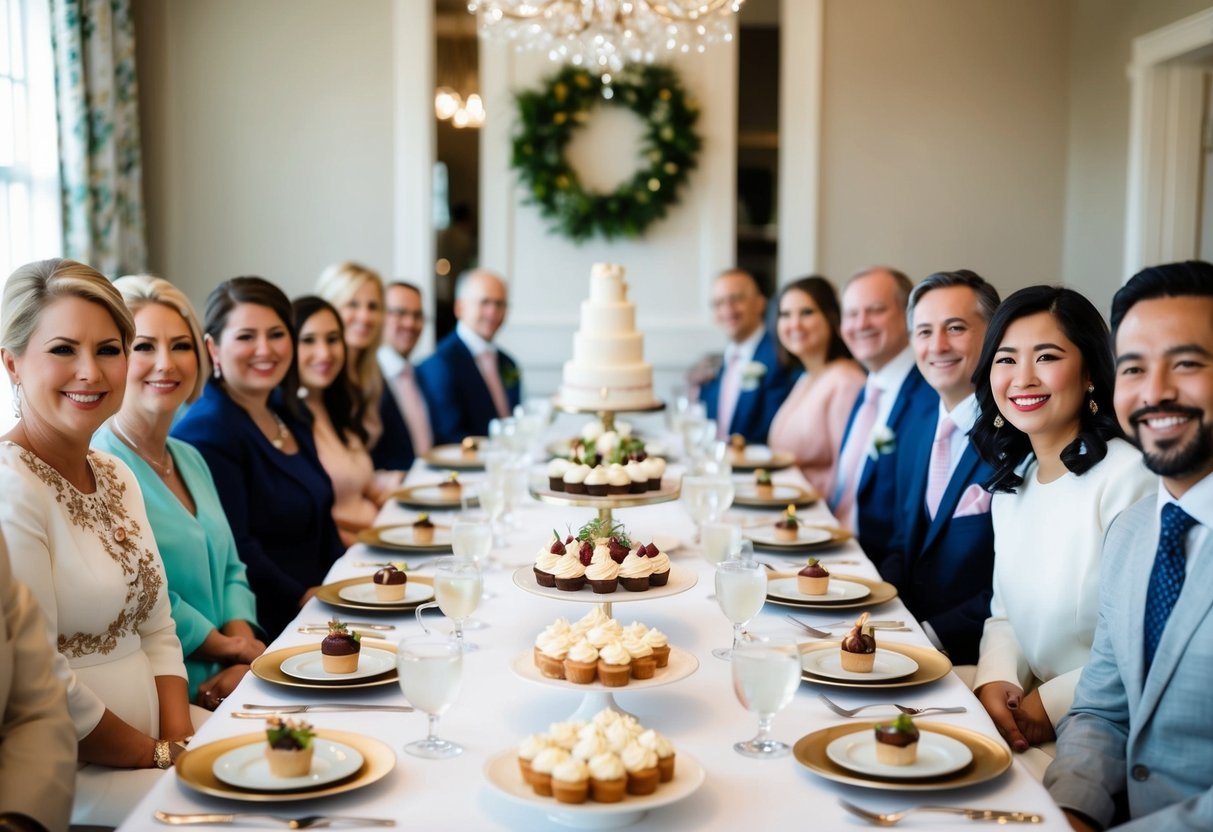 A table set with elegant dishes and desserts, surrounded by smiling guests at a bridal shower