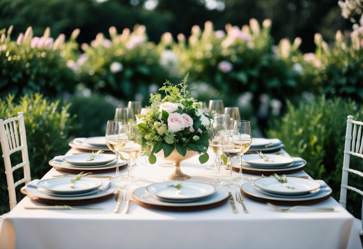 A table set with elegant place settings, a variety of dishes, and glasses of wine, surrounded by lush greenery and flowers