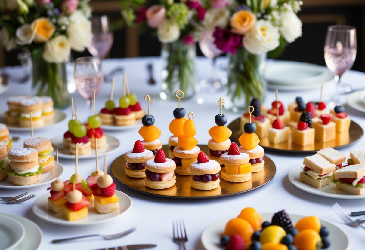 A table set with an array of delicately decorated pastries, finger sandwiches, and colorful fruit skewers, surrounded by elegantly arranged floral centerpieces