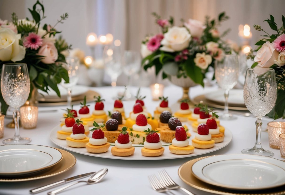 A table set with an array of elegant finger foods and desserts, surrounded by floral decorations and sparkling glassware