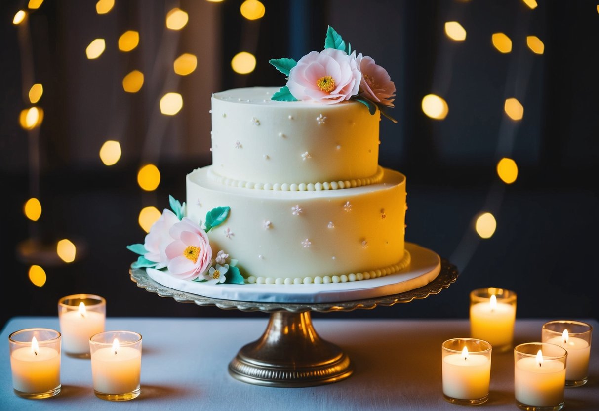 A 1-year-old wedding cake covered in fondant and adorned with delicate sugar flowers sits atop a vintage cake stand, surrounded by flickering candlelight
