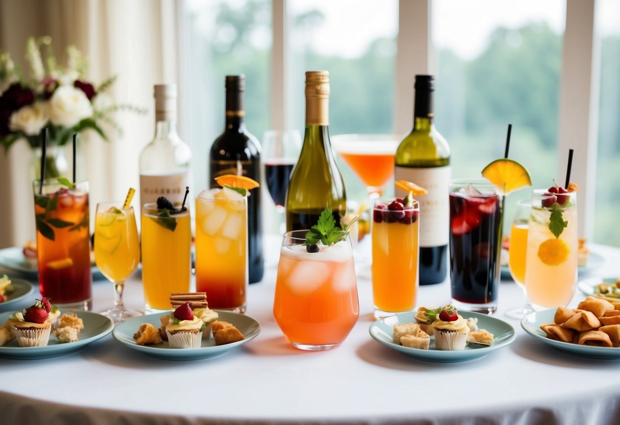 A table set with a variety of beverages and small bites, including cocktails, wine, and finger foods, is arranged for a bridal shower