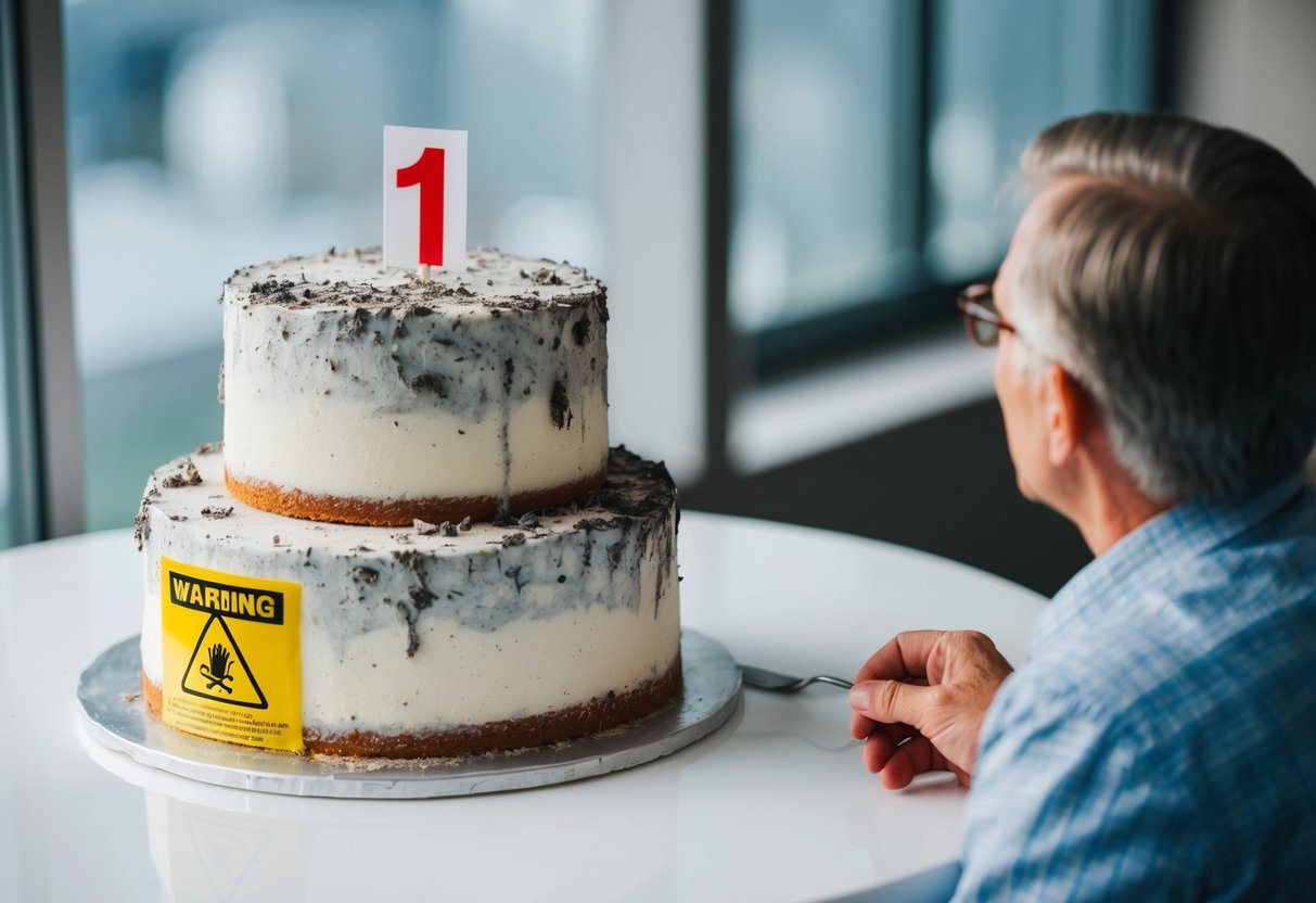 A 1-year-old wedding cake covered in mold and decay, with a warning label and a concerned individual inspecting it