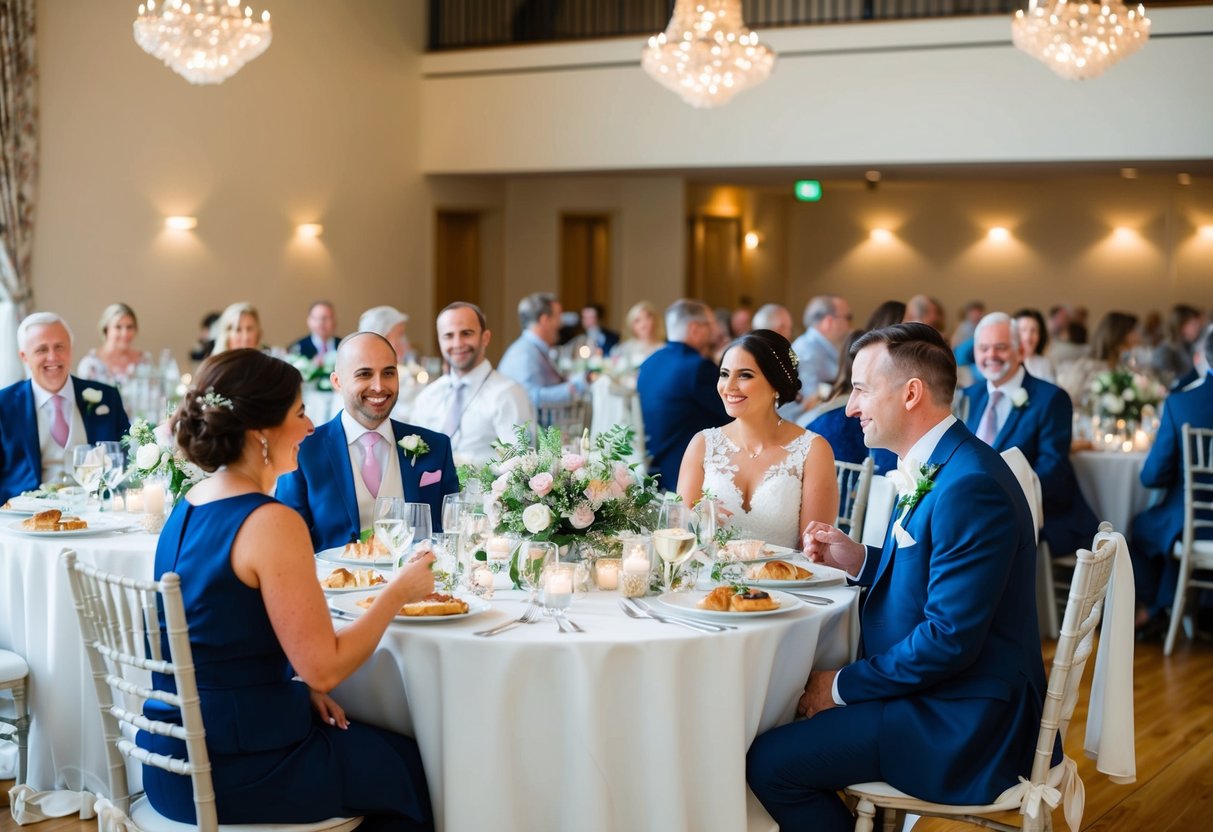 Family and friends sit at round tables adorned with floral centerpieces, enjoying the wedding breakfast in a sunlit reception hall