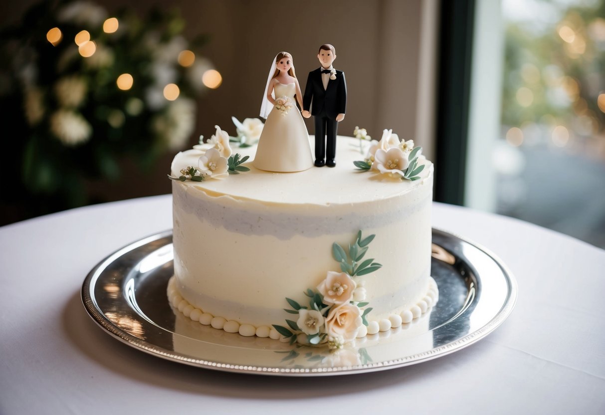 A 1-year-old wedding cake sitting on a silver platter, adorned with delicate icing flowers and a small bride and groom cake topper