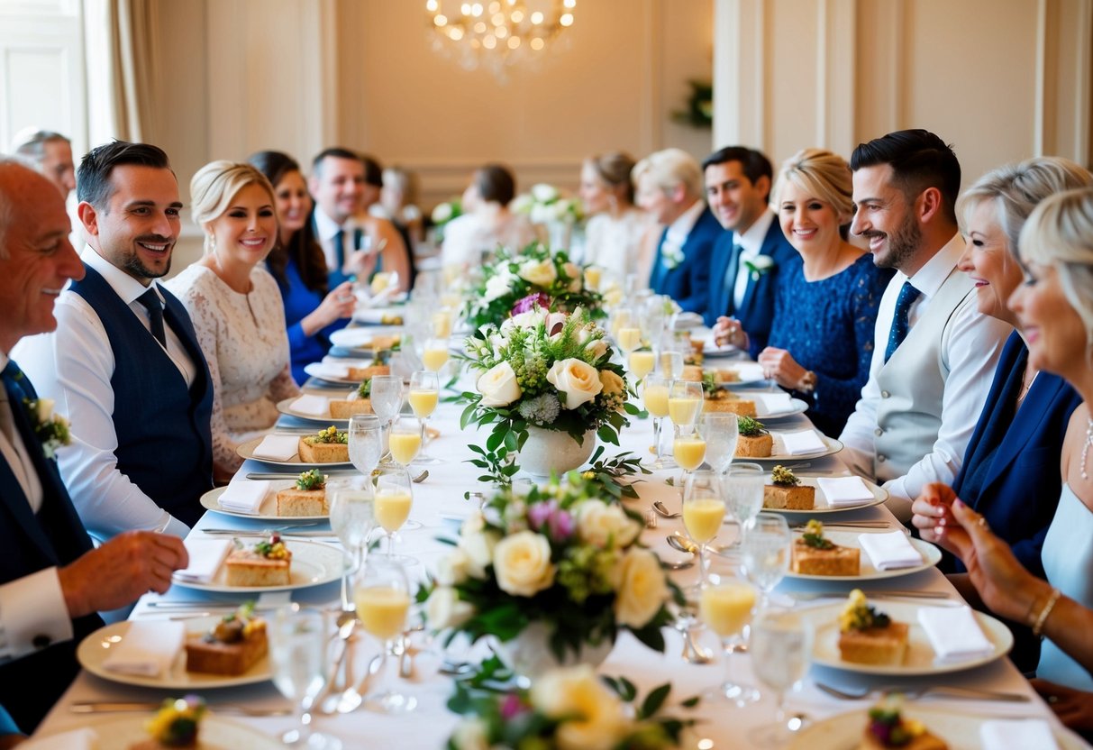 A beautifully set table with elegant place settings and floral centerpieces, surrounded by happy guests engaged in conversation and enjoying a leisurely wedding breakfast
