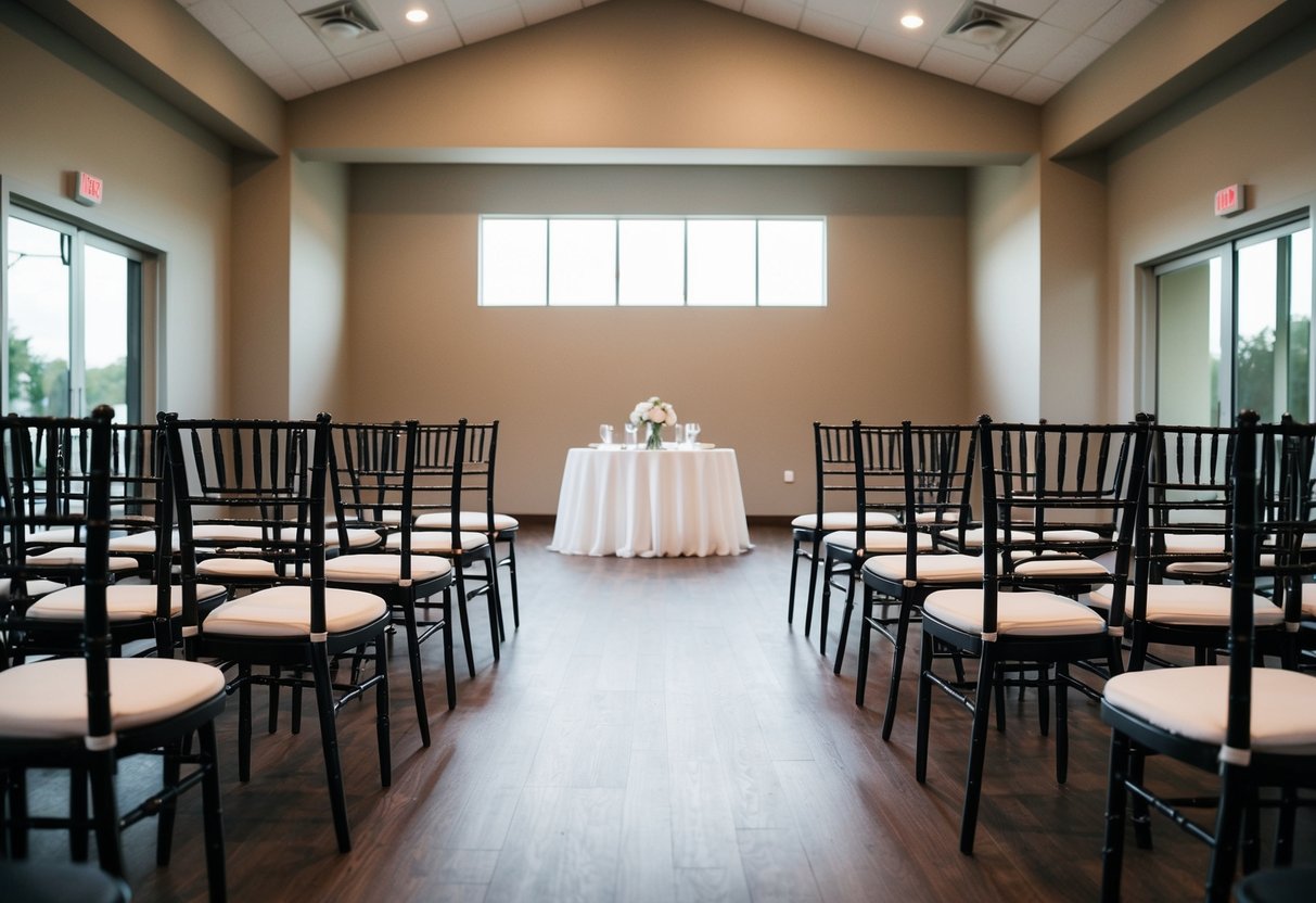 A deserted wedding venue with an empty aisle and unoccupied chairs