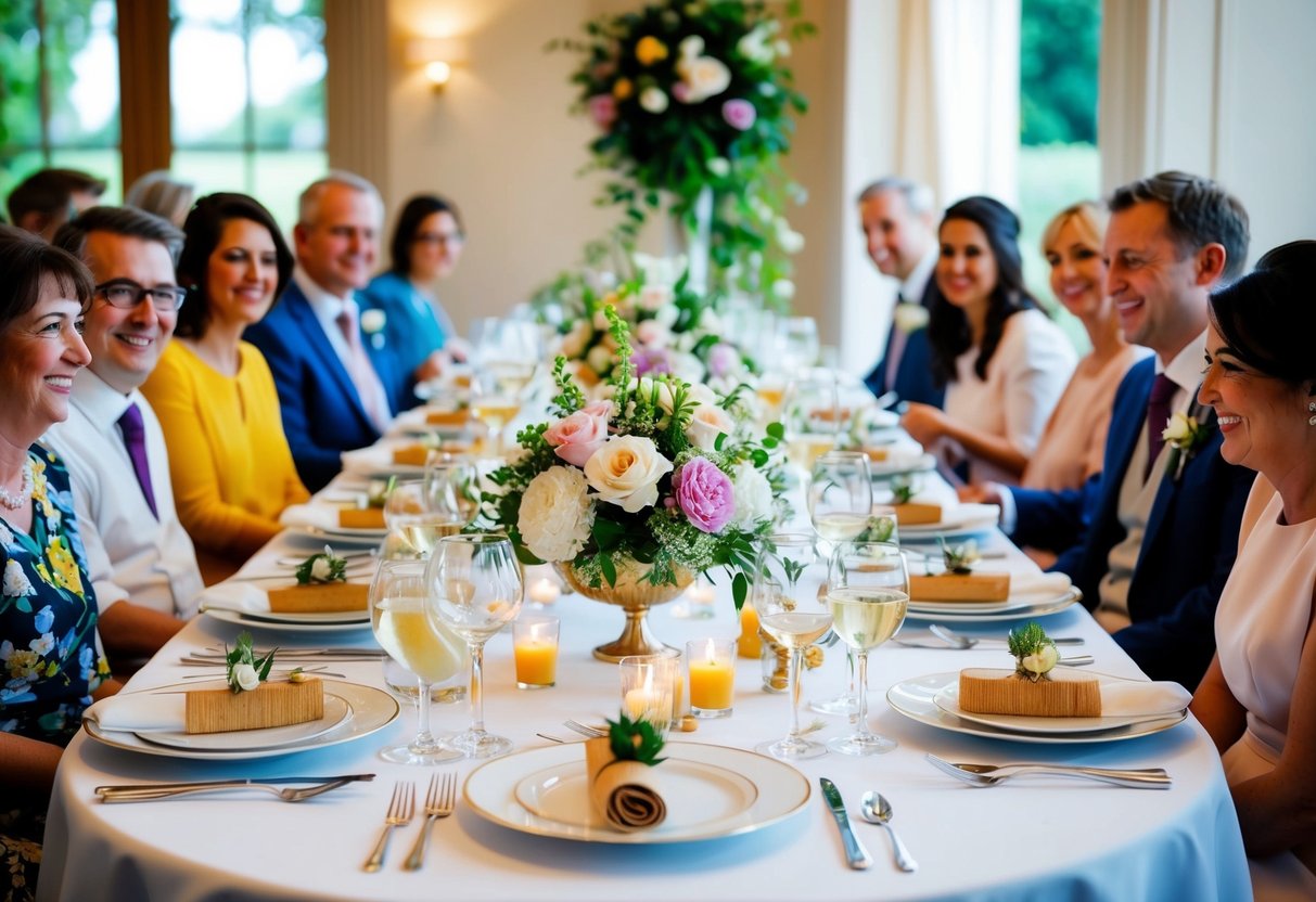 A beautifully set table with elegant place settings and floral centerpieces, surrounded by happy guests enjoying a leisurely wedding breakfast