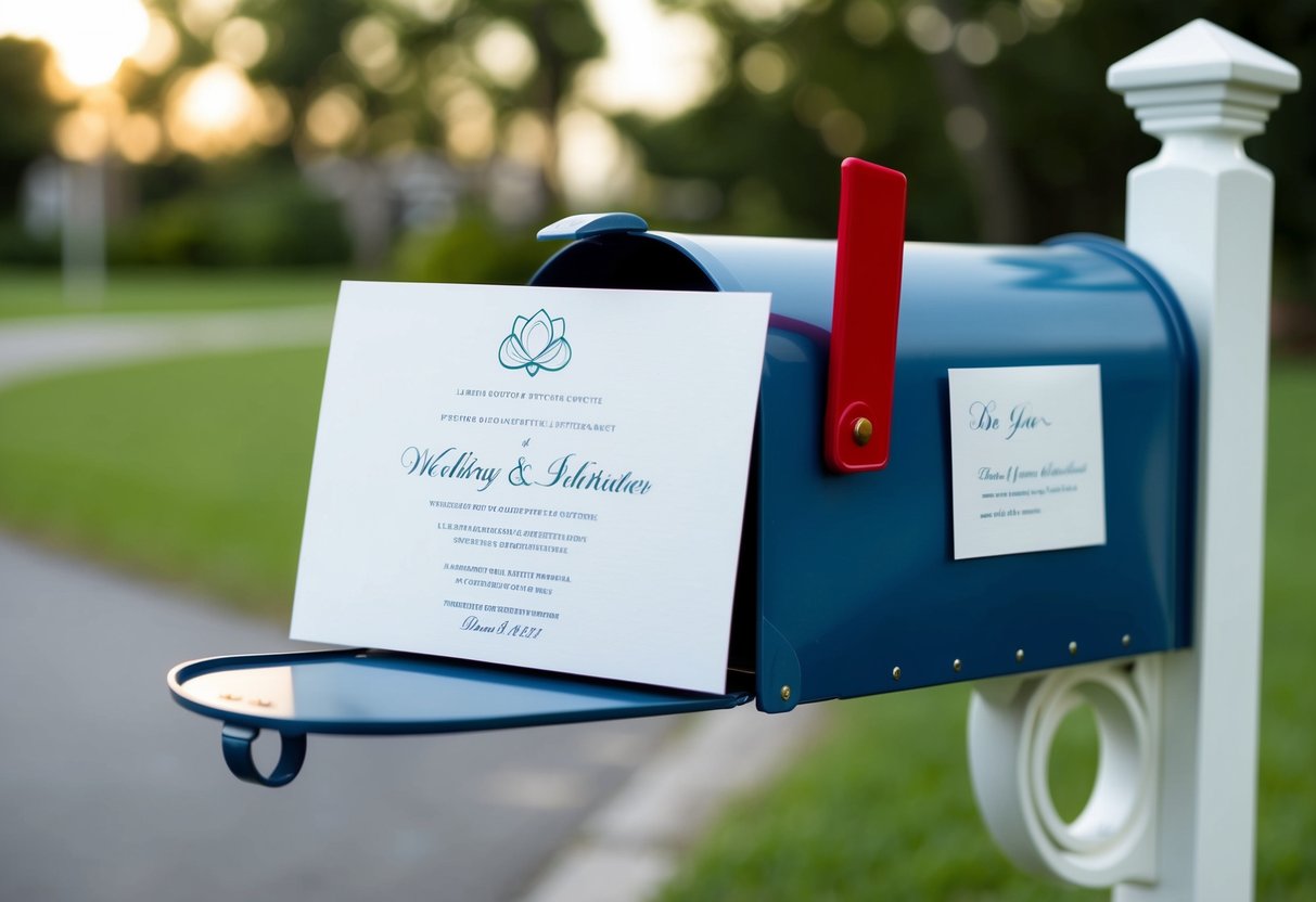A neatly folded wedding invitation being placed in a mailbox with a polite note attached