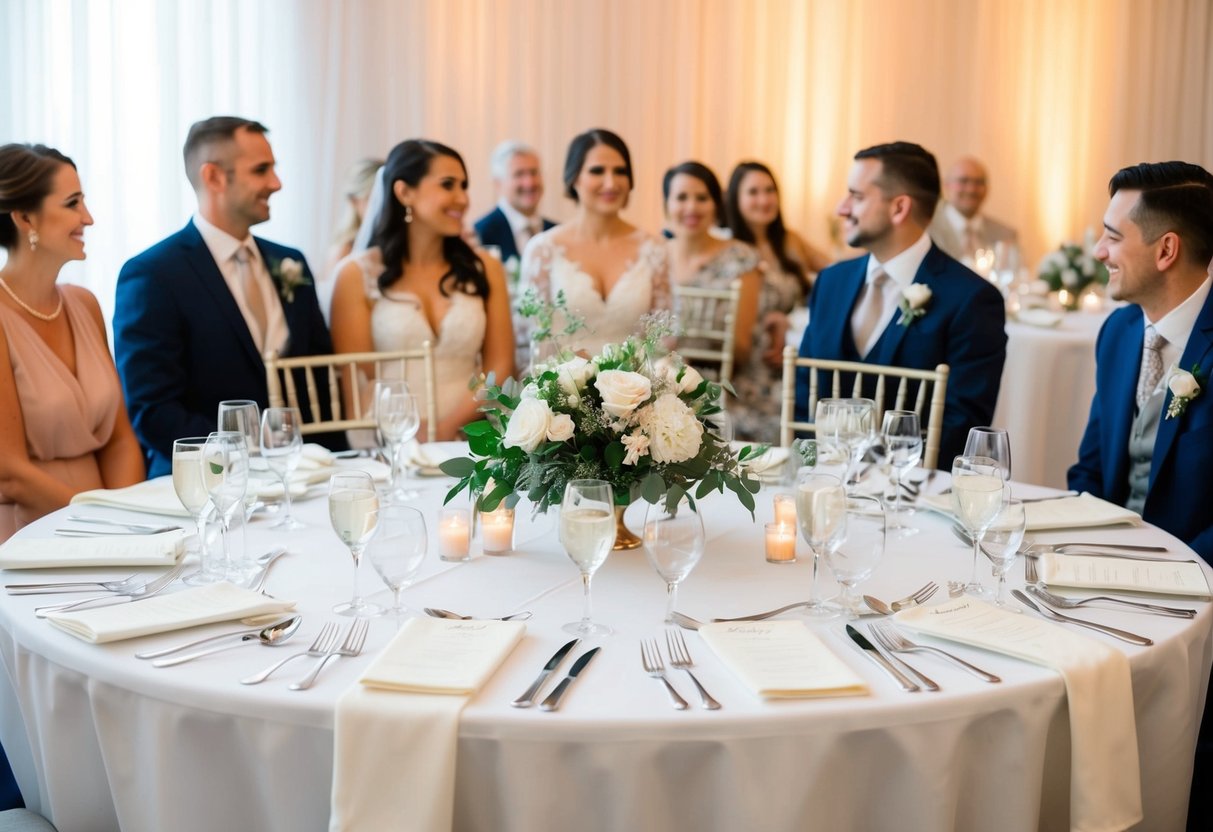 A beautifully set wedding reception table with an empty chair and place setting, surrounded by happy guests