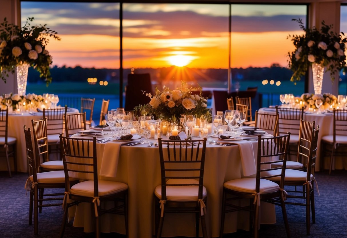 The sun sets behind a grand banquet table adorned with elegant place settings and floral centerpieces. The room is filled with the warm glow of candlelight, creating a romantic and sophisticated atmosphere for the evening reception