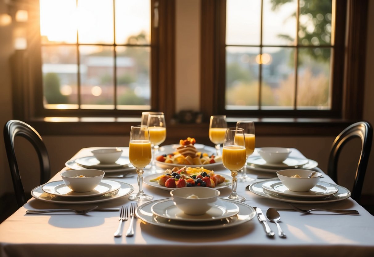A table set with elegant place settings and a spread of breakfast foods, with a warm morning light streaming in through a window