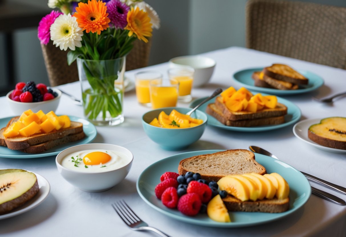 A table set with a variety of nutritious breakfast foods, including fruits, yogurt, whole grain toast, and eggs, with a vase of fresh flowers as a centerpiece
