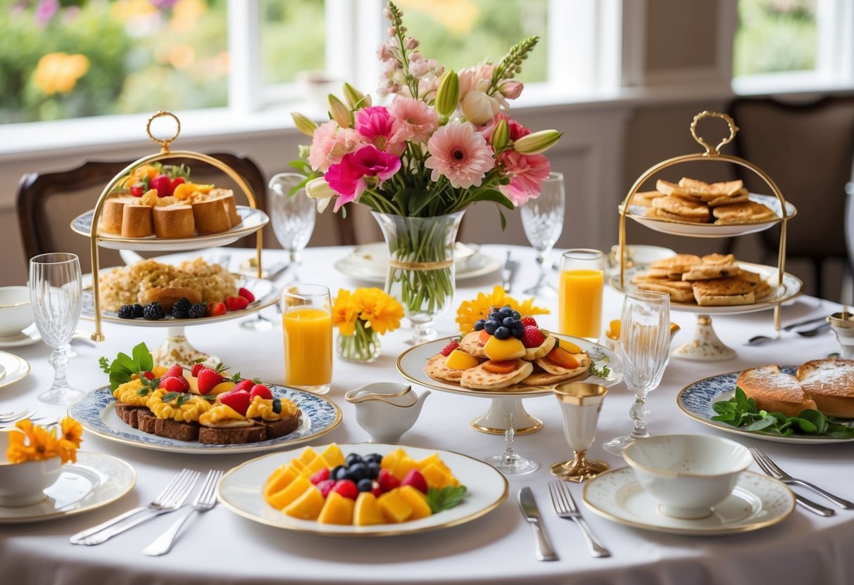 A beautifully set table with elegant place settings, fresh flowers, and a variety of delicious breakfast options displayed on decorative platters and stands