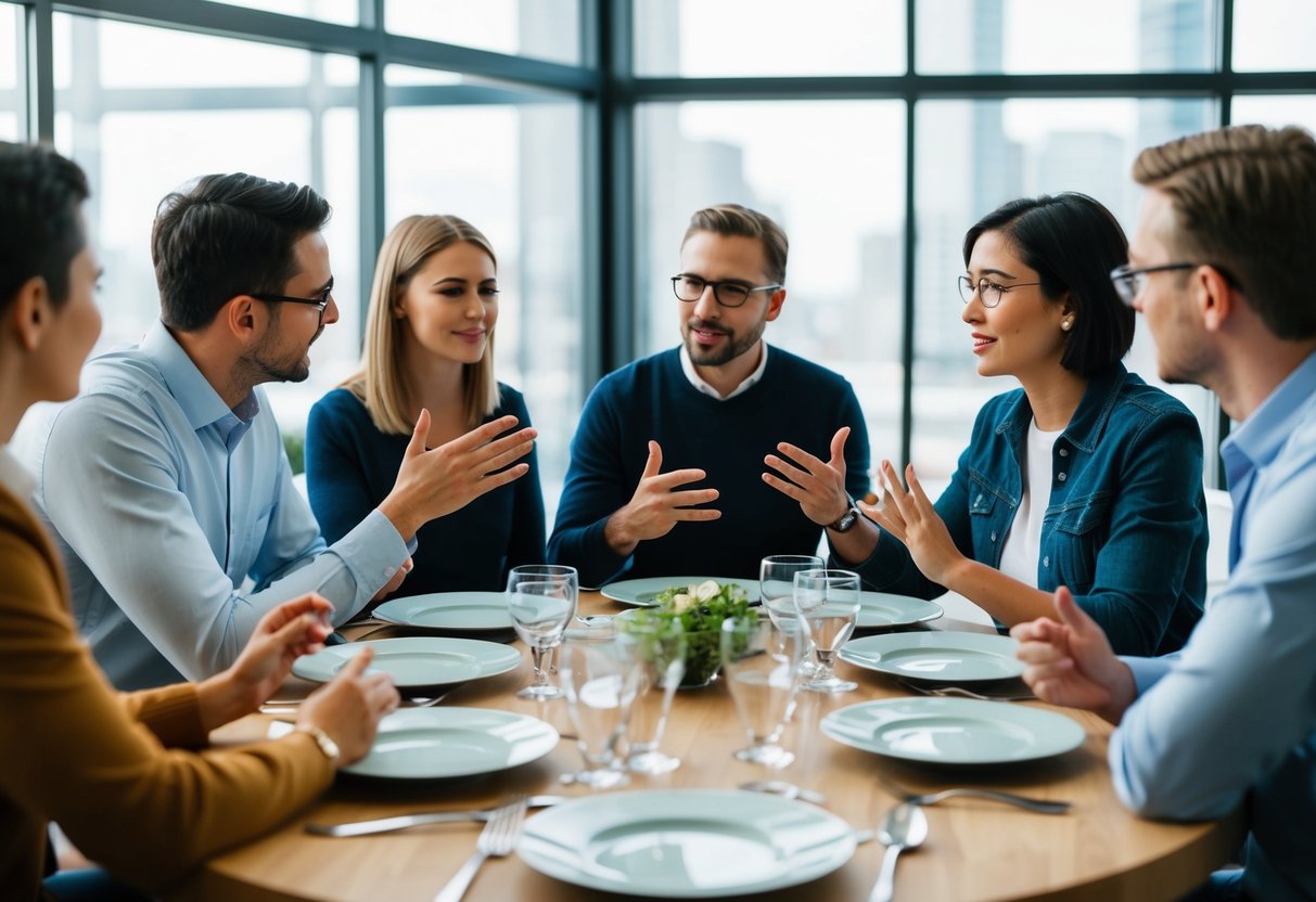 A group of people gathered around a table with empty plates and glasses, engaging in a discussion with gestures and expressions of deliberation