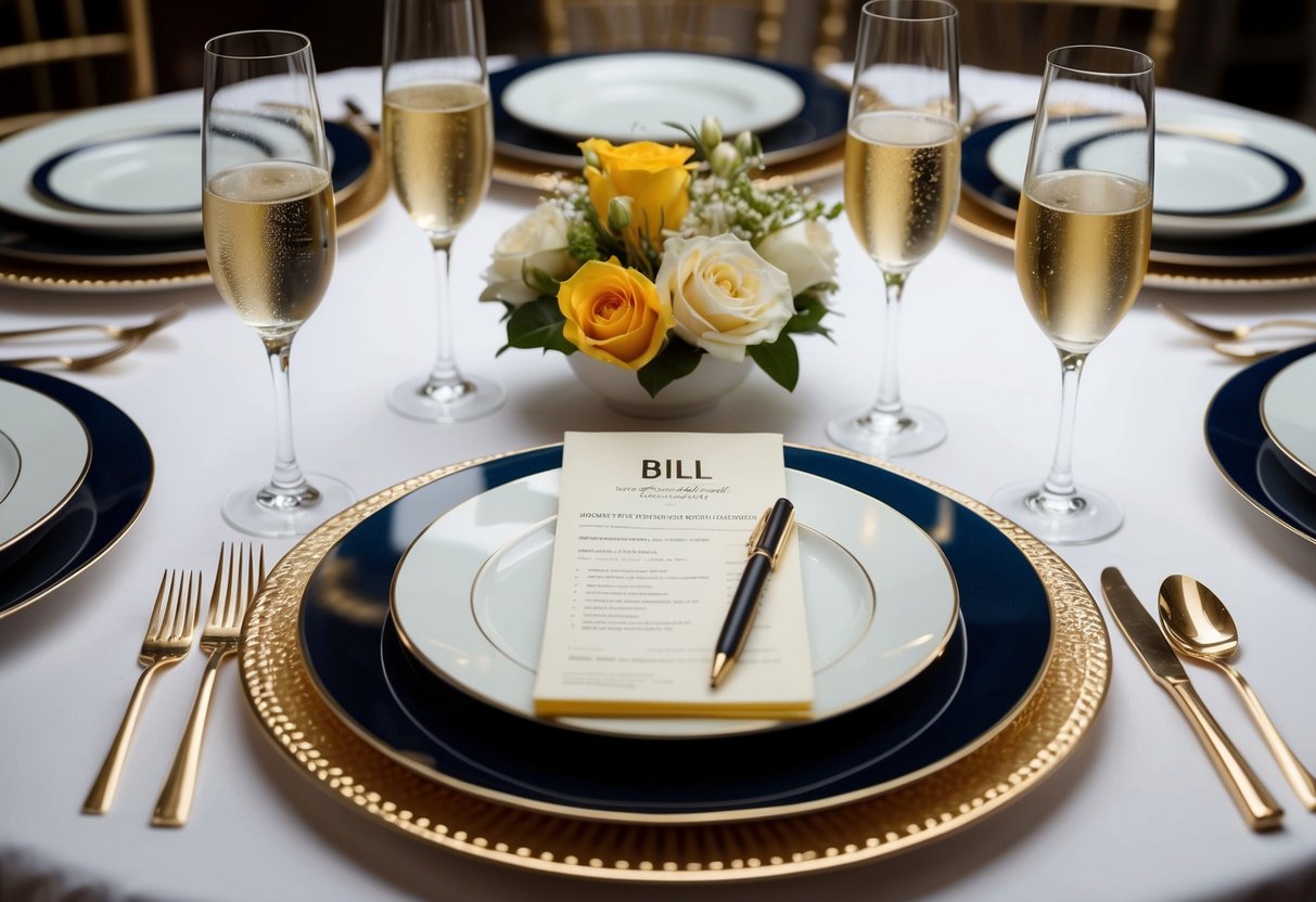 A table set with elegant brunch dishes and champagne flutes, with a bill and pen placed at the center