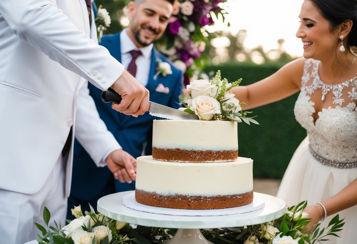 A couple cuts into the top layer of a wedding cake, surrounded by flowers and decorations