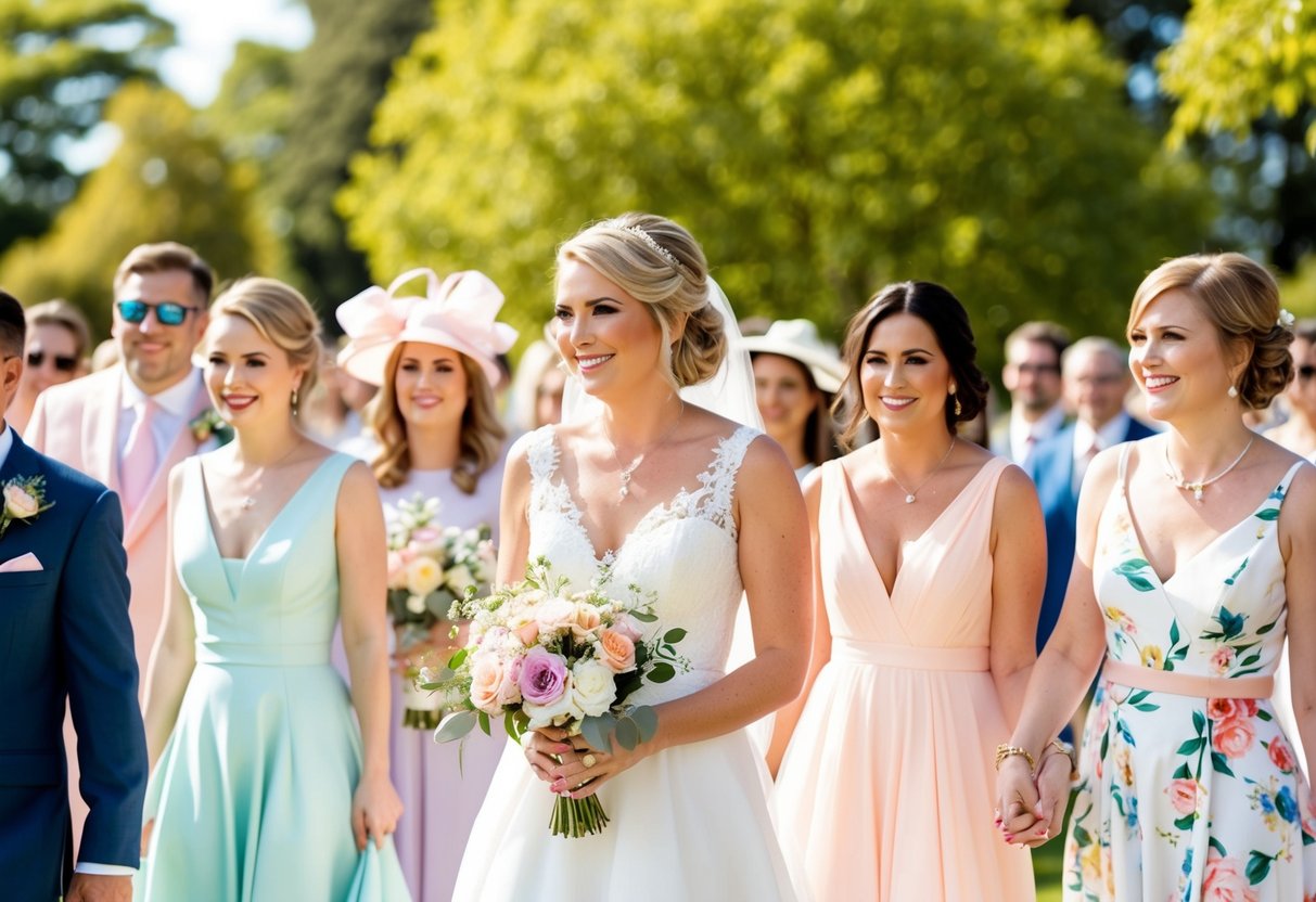 A bright, sunny outdoor wedding with guests wearing pastel and floral colors