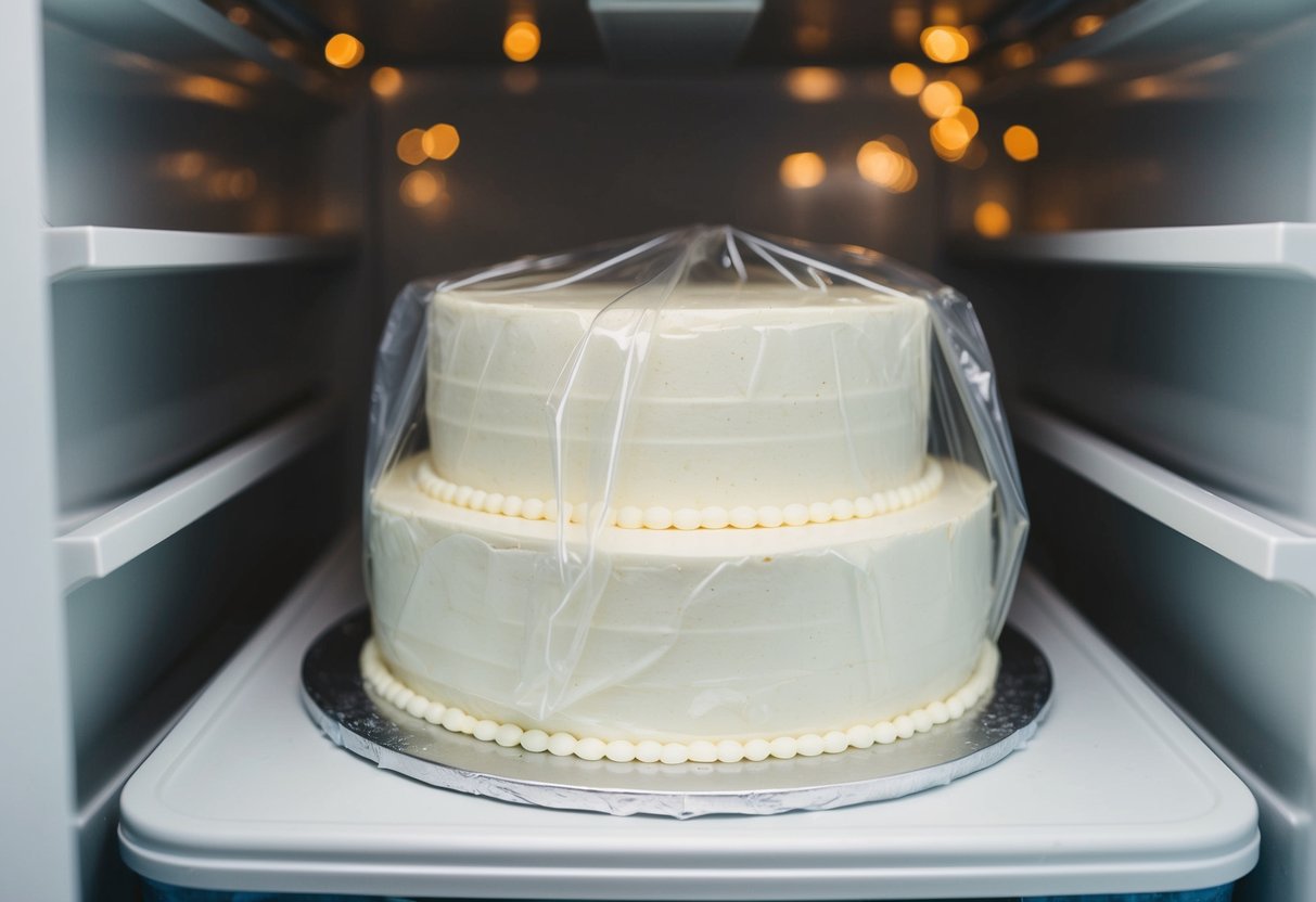 A wedding cake is carefully wrapped in plastic and placed in a freezer for preservation
