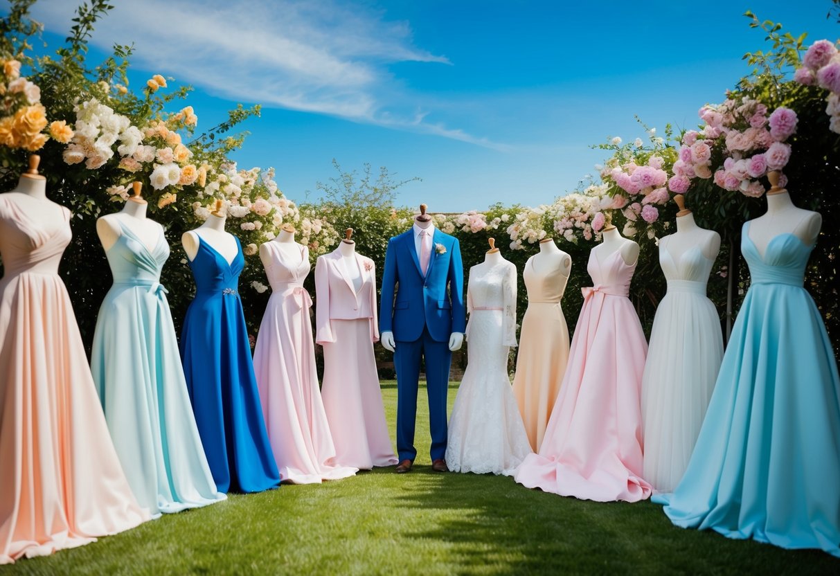 A sunny garden with pastel flowers and a blue sky, showcasing a variety of colorful wedding attire options