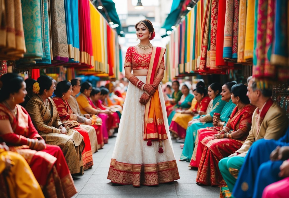 A bride stands in a vibrant market, surrounded by colorful fabrics and traditional garments, contemplating which hue to wear for her daytime wedding