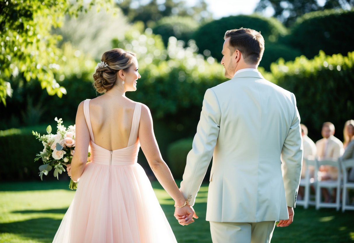 A sunny outdoor wedding with a lush garden backdrop. A bride wearing a pastel-colored dress and groom in a light-colored suit