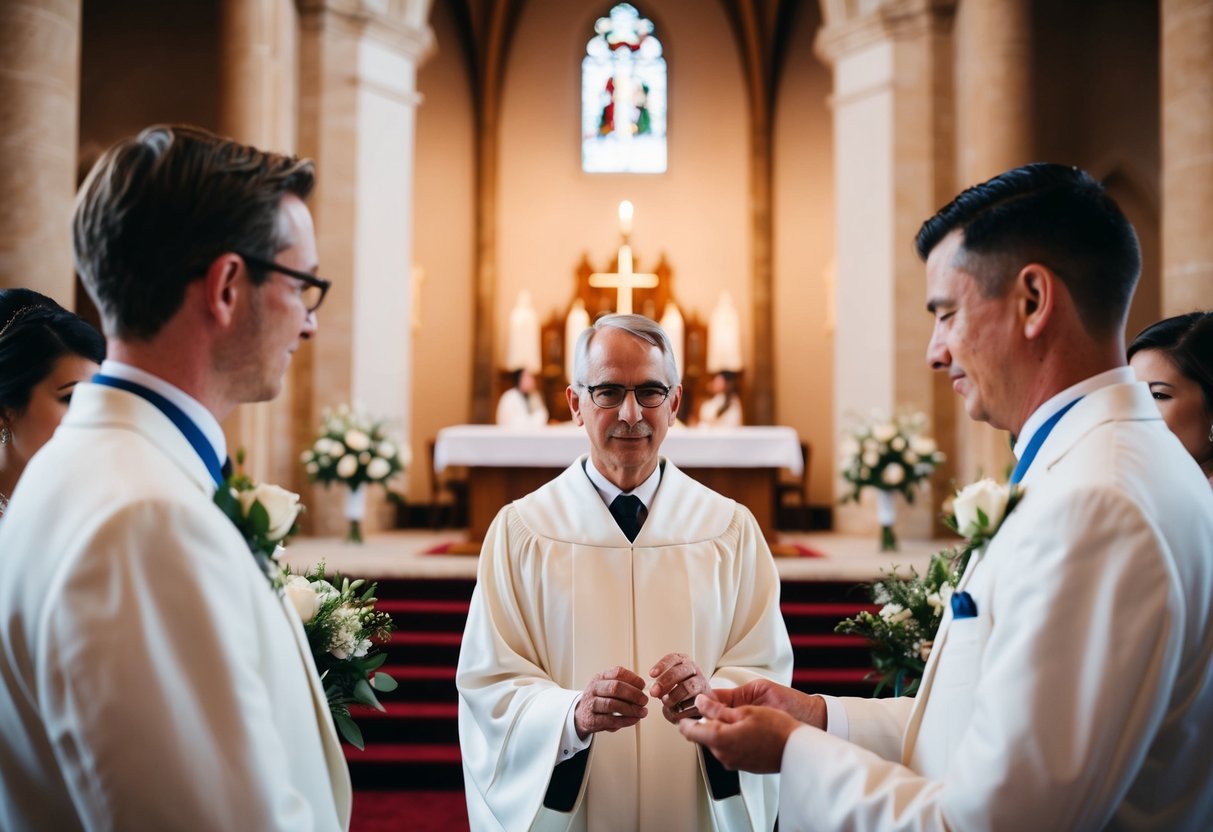 A well-dressed figure stands at the altar, holding the wedding rings