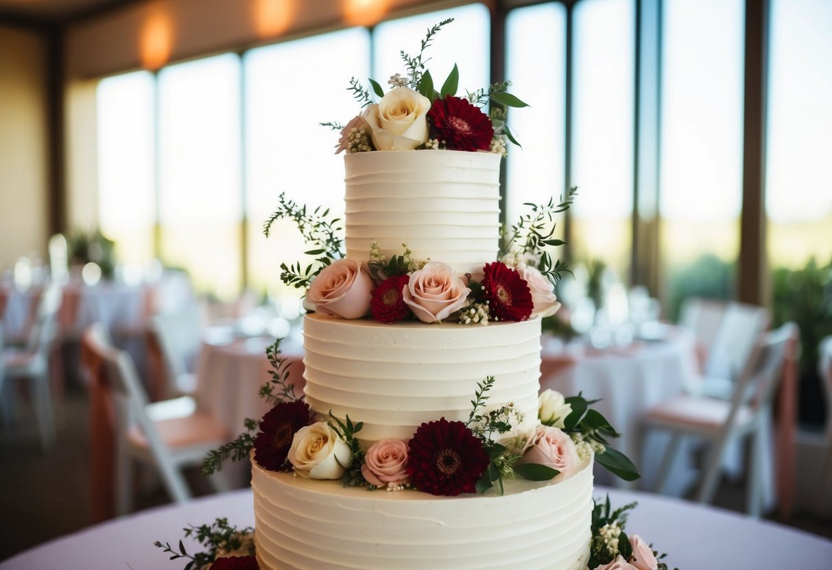 A three-tiered wedding cake adorned with floral decorations