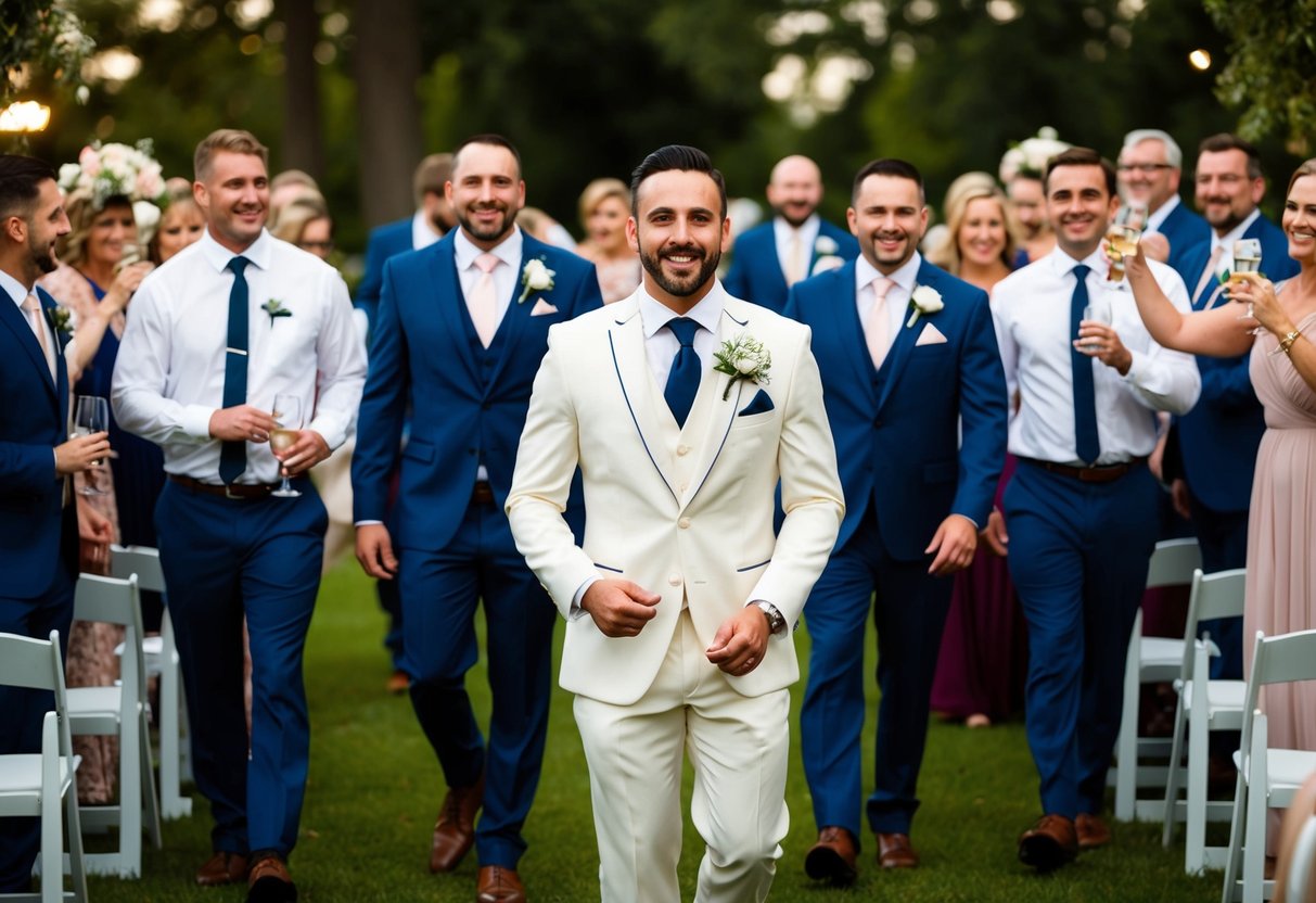 The best man leads groomsmen and wedding guests in a celebratory procession