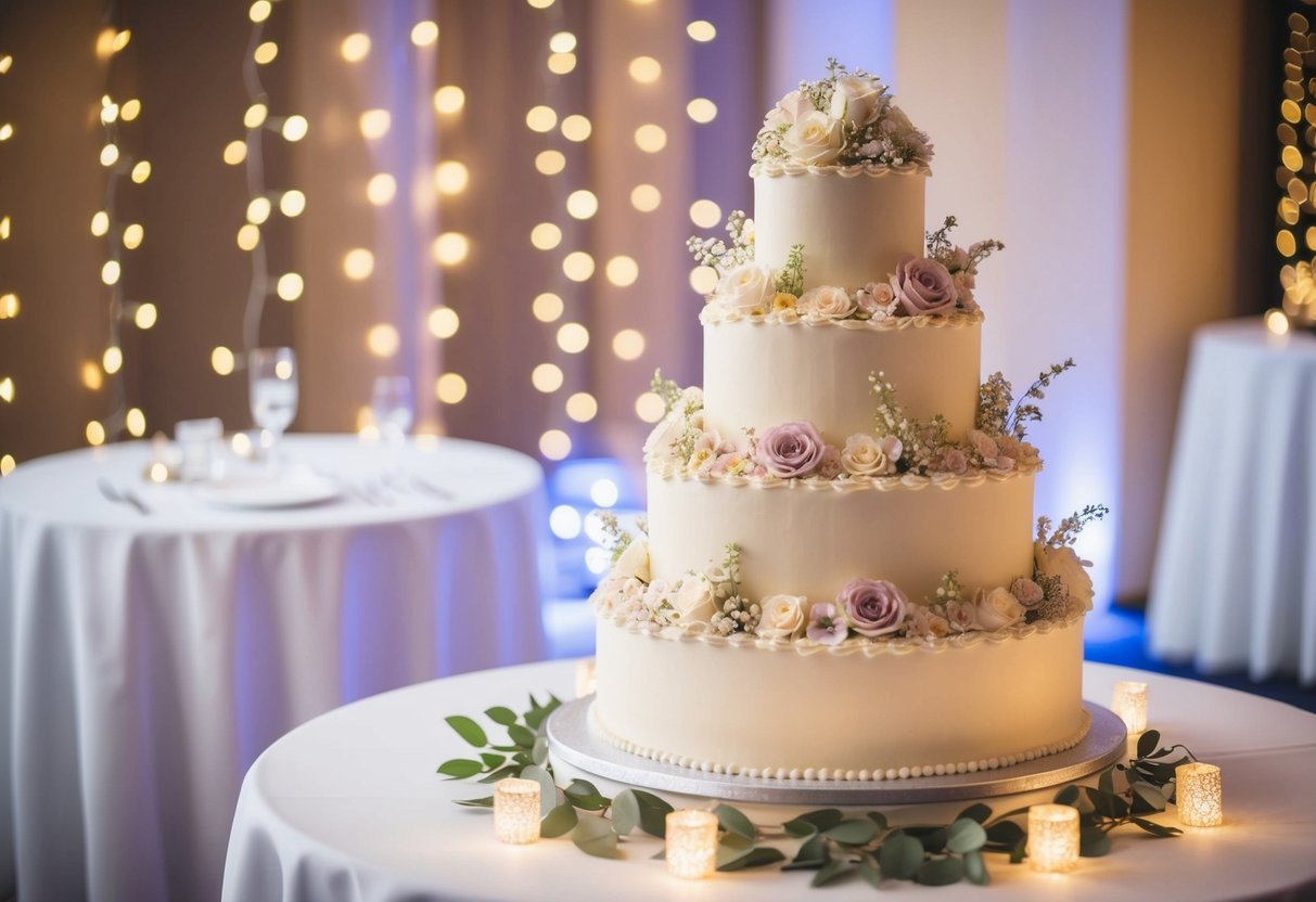 A three-tiered wedding cake decorated with intricate floral designs and delicate piping, sitting on a table adorned with elegant tablecloth and surrounded by twinkling fairy lights