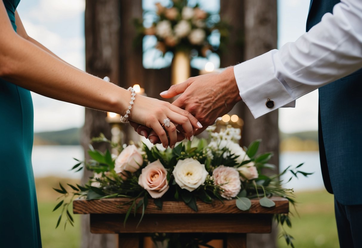 A pair of elegant, interlocked hands exchange rings over a rustic wooden altar adorned with flowers