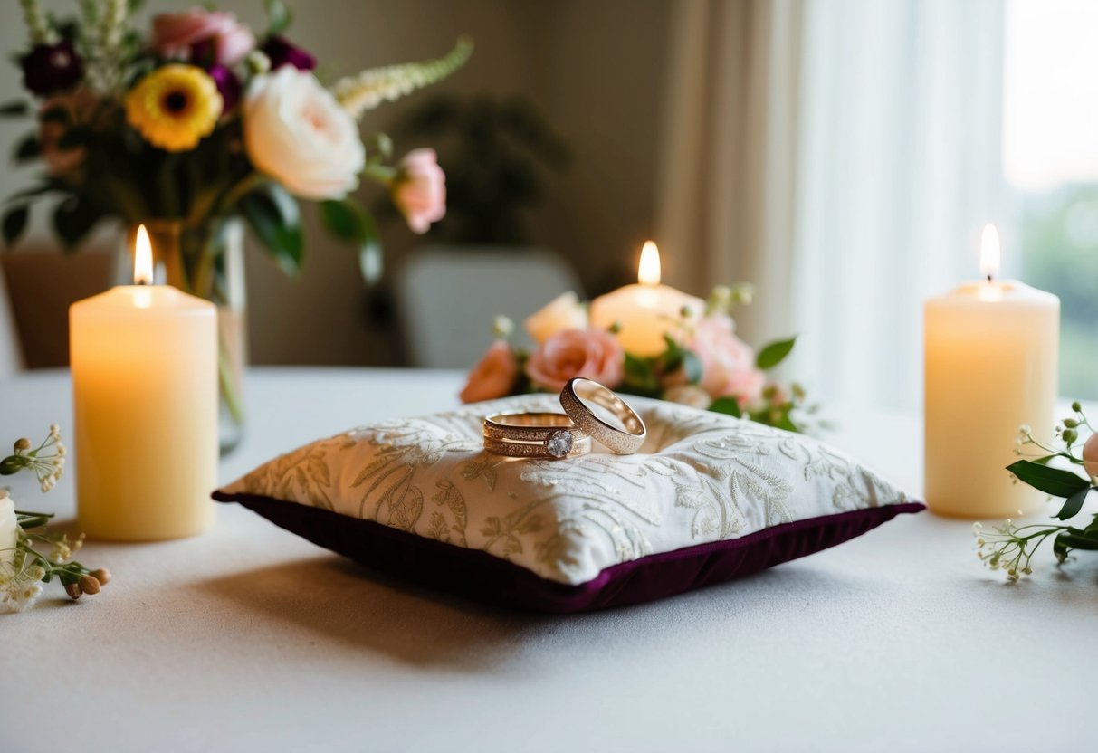 Two rings on a decorative pillow, surrounded by flowers and candles, sit on a table in a softly lit room